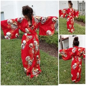 VTG Geisha Kimono Graphic Cotton Maxi Robe